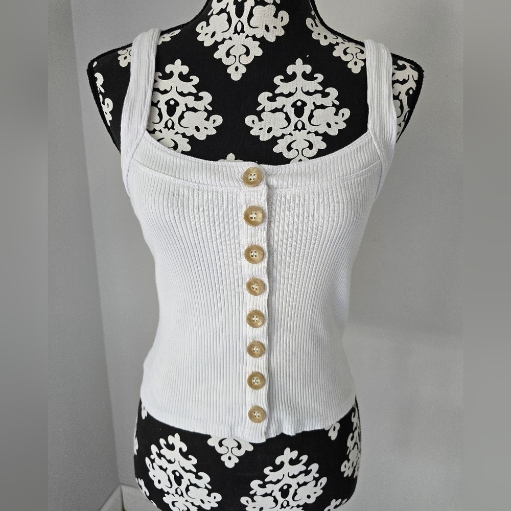 Free People Bridgette White Button Up Ribbed Tee Tank Top Shirt Slim Size S/P - Picture 3 of 11